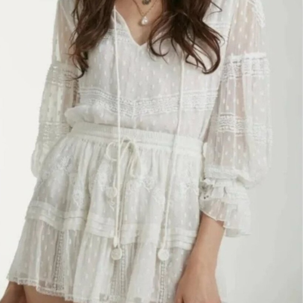 Rococo Sand White Selene Beaded Lace Drawstring Mini Skirt